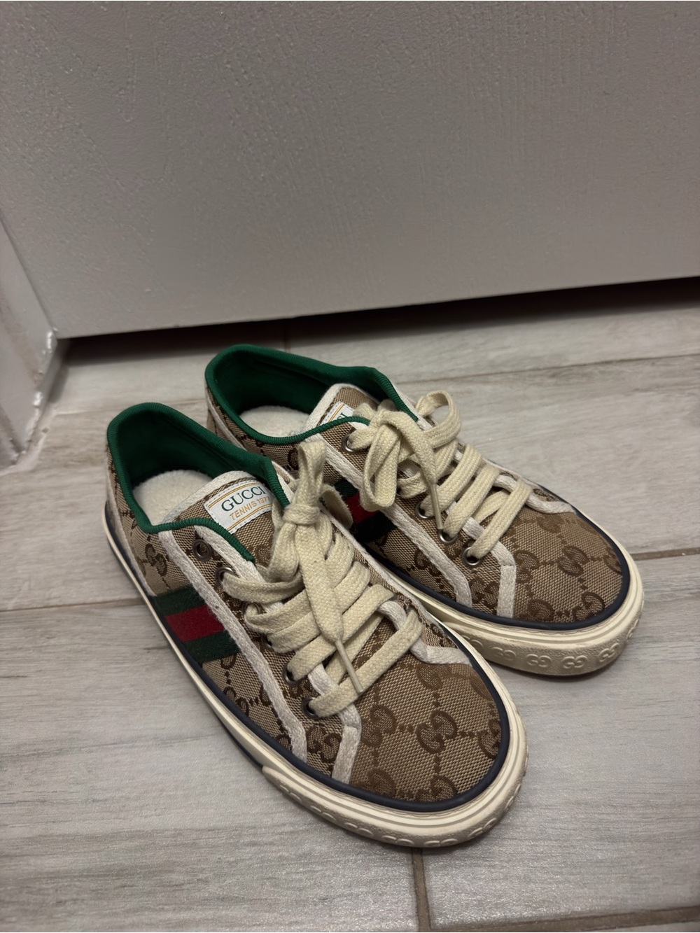 Gucci Brown GG Canvas Sneakers with Green & Red Web